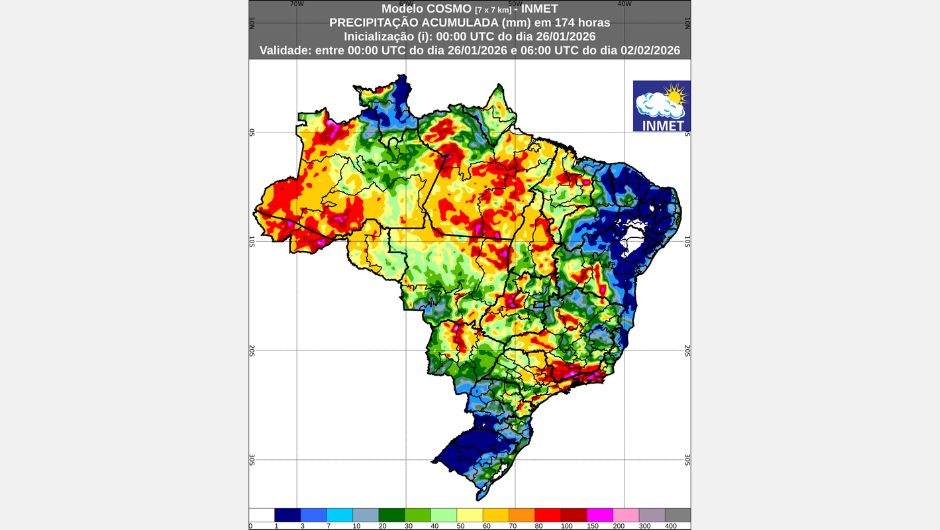 Figura 1: previsão de chuva acumulada (26 de janeiro a 02 de fevereiro de 2026); fonte: Inmet