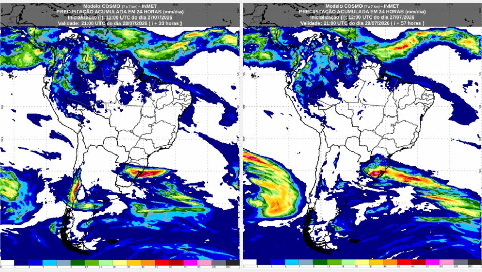 Previsão de precipitação acumulada (mm) entre 12h (horário de Brasília) de 27 de julho e 21h de 28 de julho de 2026, e de 12h (horário de Brasília) de 27 de julho e 21h de 29 de julho de 2026,&nbsp;obtida a partir do modelo de previsão numérica de tempo Cosmo; fonte: Inmet