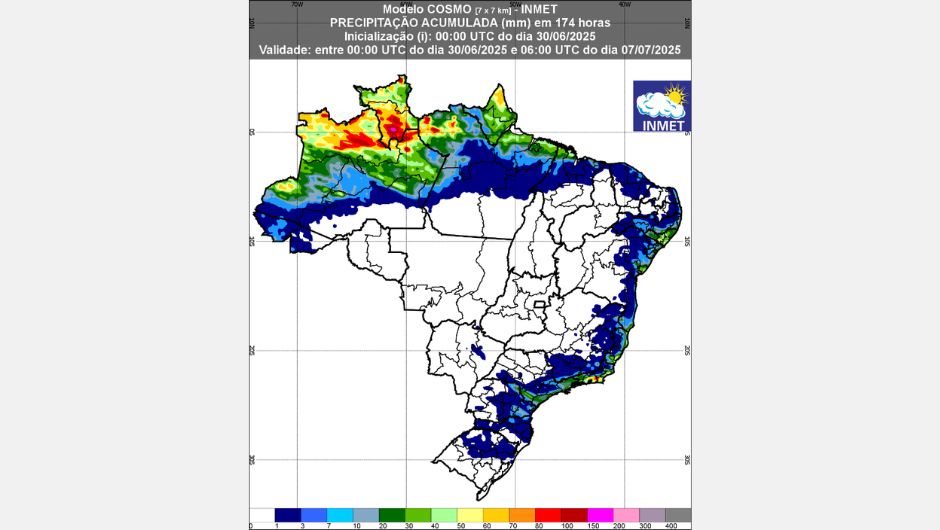 Figura 1: previsão de chuva (23 a 30 de junho de 2025); fonte: Inmet