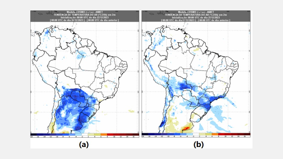 Figura 3: declínio de temperatura - (a) às 21 horas (horário de Brasília) de segunda-feira (25) e (b) às 21 horas de terça-feira (26)