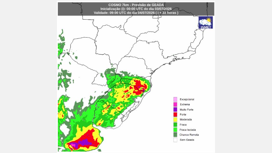 Previsão de geada para a manhã do dia 4/7/2026&nbsp;do modelo Cosmo; fonte: Inmet