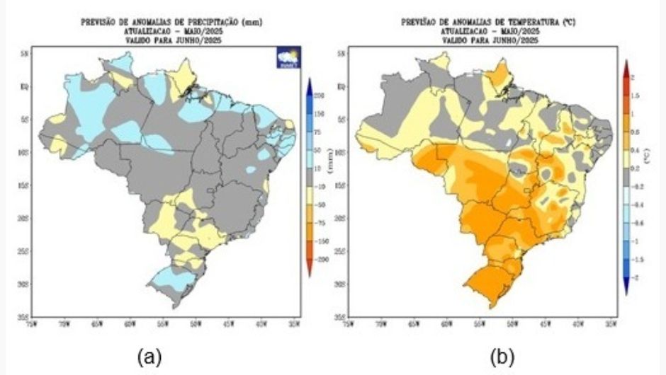 Figura 1: previsão de anomalias de (a) precipitação e (b) temperatura média do ar do modelo climático do Inmet, para o mês de junho de 2025
