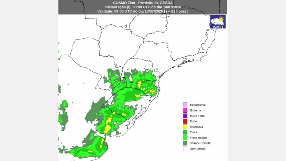 Mapa de previsão de geada, para 6h (horário de Brasília) de segunda-feira, 13 de julho de 2026,&nbsp;do modelo Cosmo; fonte: Inmet