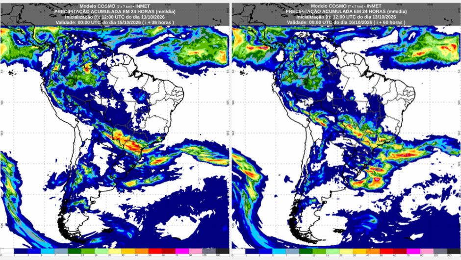 Previsão de acumulados de chuva de terça (13/10) até o final de quinta-feira (16/10), conforme o modelo numérico de previsão de tempo Cosmo; fonte: Inmet