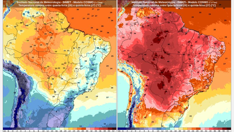 Previsão de temperatura mínima entre quarta-feira (26) e quinta-feira (27) e previsão de temperatura máxima entre quarta-feira (26) e quinta-feira (27)