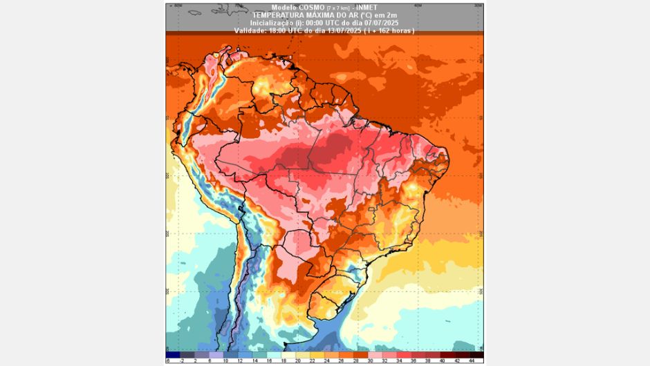 Figura 2: previsão de temperatura máxima para o dia 13 de julho de 2025 às 15h (horário de Brasília); fonte: Inmet