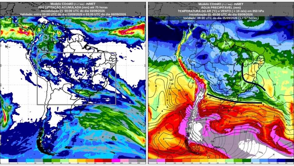 Previsão de chuva acumulada (mm) de quinta-feira (3) até o final de sábado (5) e água precipitável (mm) prevista para a manhã de sábado (5); fonte: Inmet