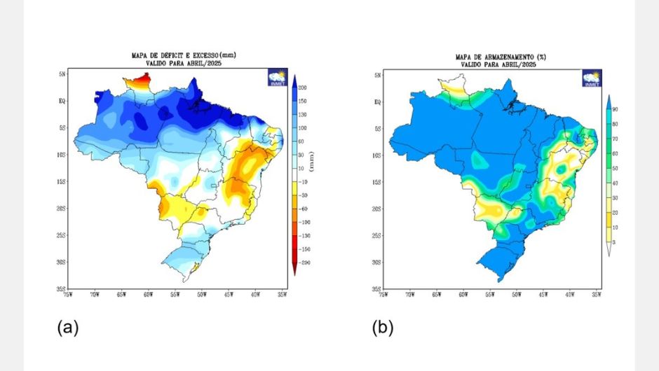 Figura 1: mapas de déficits e excessos hídricos em mm e armazenamento de água no solo em % previstos para o mês de abril no território brasileiro