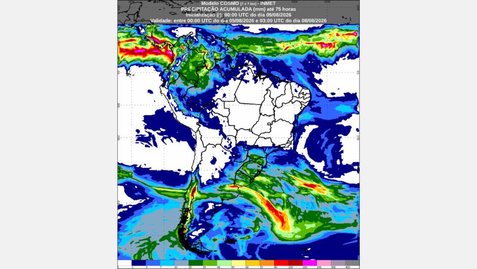 Previsão de precipitação acumulada (mm) até as 00h (horário de Brasília) de sábado, 8 de agosto de 2026, elaborada com base no modelo numérico de previsão do tempo Cosmo; fonte: Inmet