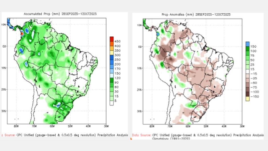 Figura 1: acumulado entre 28/09 e 12/out; figura 2: anomalia da precipitação