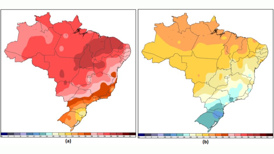 Figura 2 - valores médios de temperaturas máximas (a) e mínimas (b) do ar (°C) em outubro de 2025; fonte: Inmet