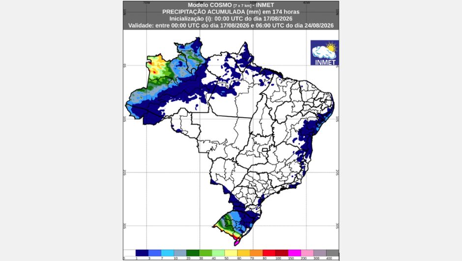 Previsão de chuva acumulada (17 a 24 de agosto de 2026); fonte: Inmet