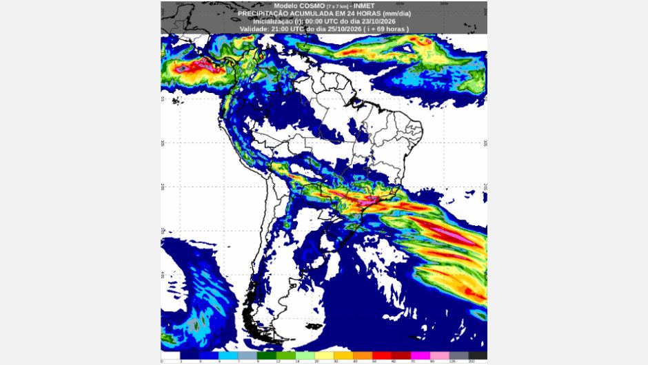 Previsão de acumulados de chuva para domingo (25/10), conforme o modelo numérico de previsão do tempo Cosmo; fonte: Inmet