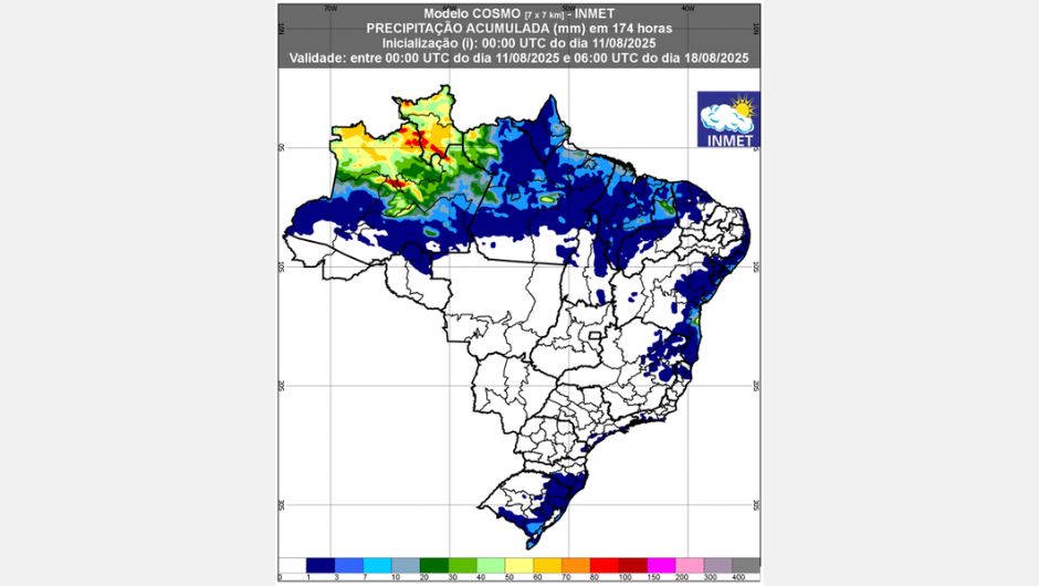 Figura 1: previsão de chuva acumulada (11 de agosto a 18 de agosto de 2025); fonte: Inmet