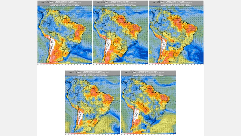 Figura 2: previsão de umidade relativa do ar (%) em 2 m e vento a 10 m (m/s) para a semana de 03 de novembro a 07 de novembro de 2025 às 15h (horário de Brasília); fonte: Inmet