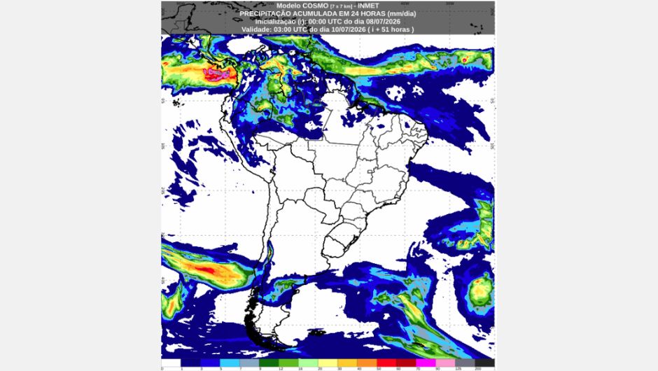Mapa de previsão de chuva acumulada em 24 horas para o dia 09 de julho de 2026 do Modelo Cosmo; fonte: Inmet