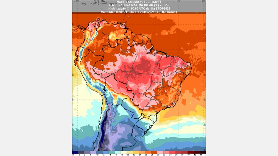 Figura 1: previsão de temperatura máxima para o dia 29 de junho de 2025 às 15h (horário de Brasília); fonte: Inmet