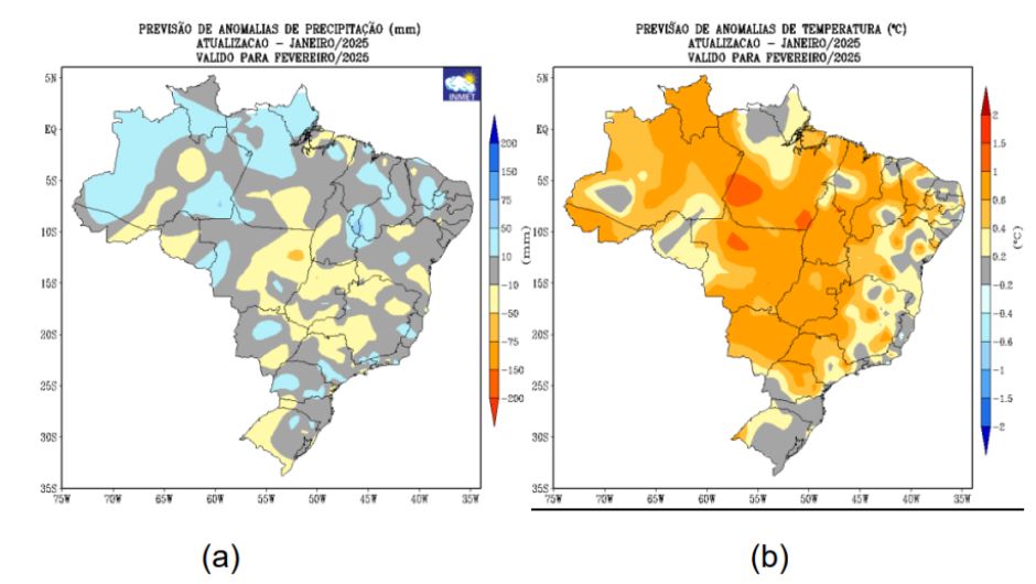 Figura 1: previsão de anomalias de (a) precipitação e (b) temperatura média do ar do modelo climático do Inmet, para o mês de fevereiro de 2025