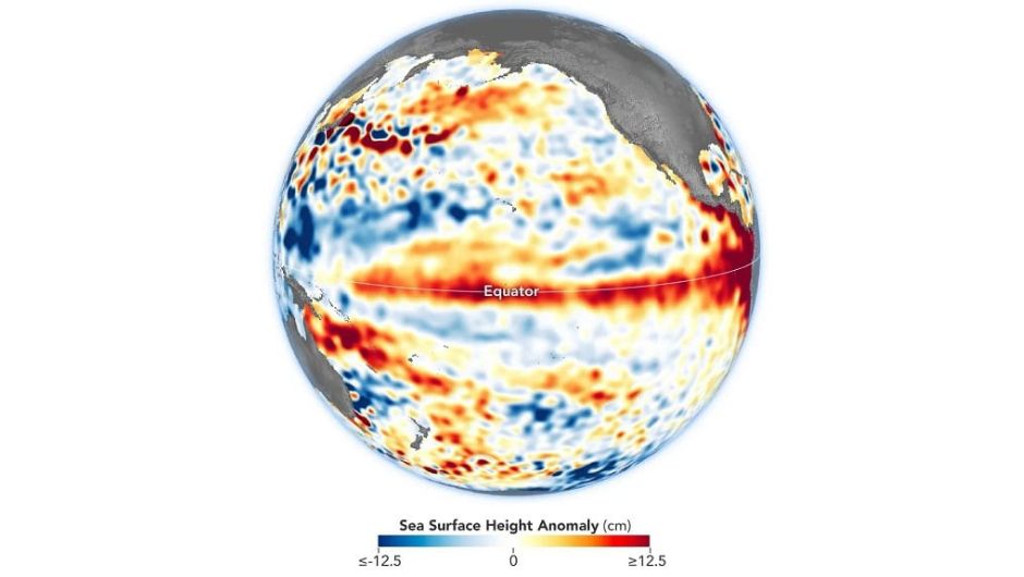 Altas temperaturas (manchas vermelhas) no oceano Pacífico Equatorial, como observado entre 1 e 10 de junho de 2023, são características do El Niño; fonte: NOAA