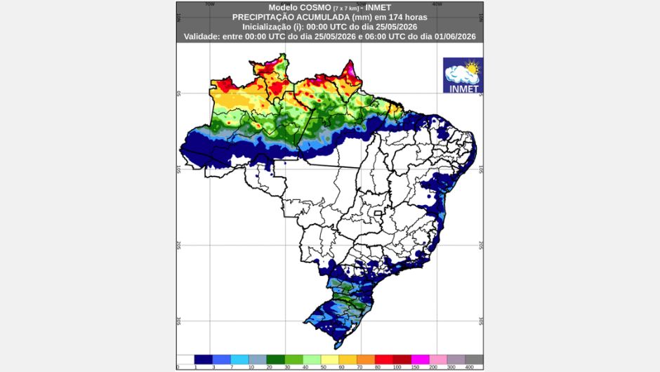 Figura 1: previsão de chuva acumulada (25 de maio a 01 de junho de 2026); fonte: Inmet