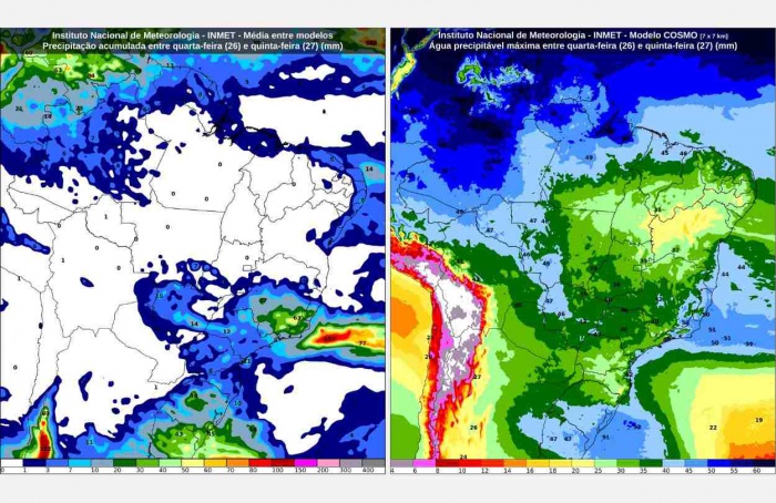 Inmet: previsão do tempo para quarta (26) e quinta-feira (27)