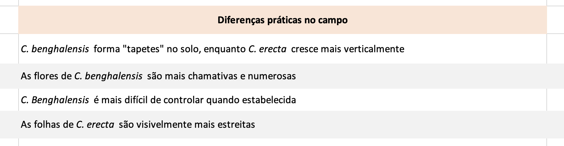 Diferenciação entre <i>Commelina benghalensis</i> e <i>Commelina erecta</i> no campo
