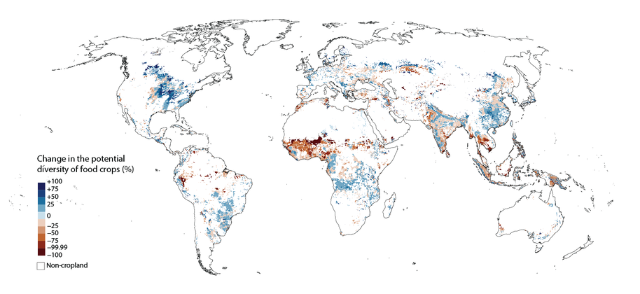 Mudança na diversidade potencial de culturas alimentares no cenário de aquecimento global de +2 °C em comparação com a situação atual (%) -&nbsp;Heikonen et.al 2025