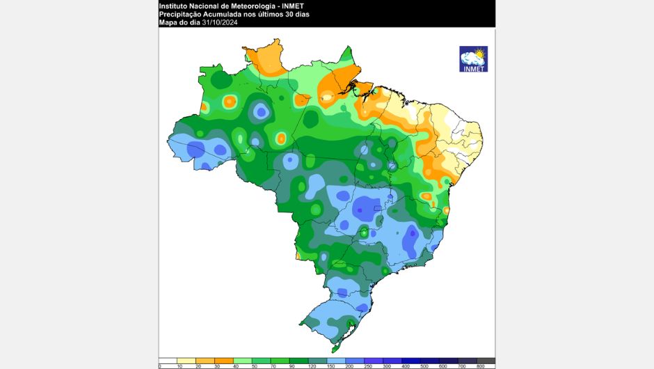 Figura 1: mapa do acumulado de precipitação (mm) nos últimos 30 dias de outubro (áreas mais chuvosas, em azul escuro, e menos chuvosas, em verde claro/amarelo)