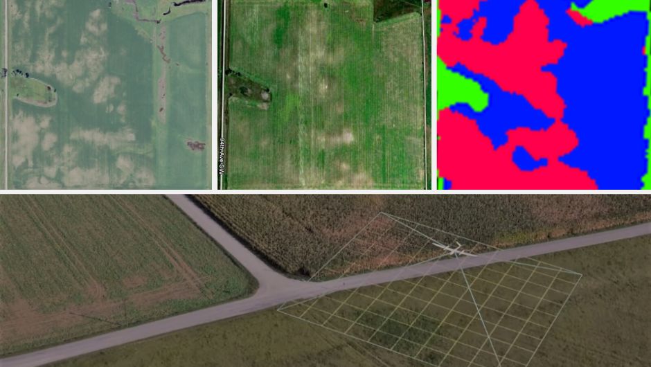 Nesta imagem observamos diferenças de resolução entre as imagens geradas por drones (esquerda), satélite (centro) e mapa de fertilidade por coleta de solo (direita)