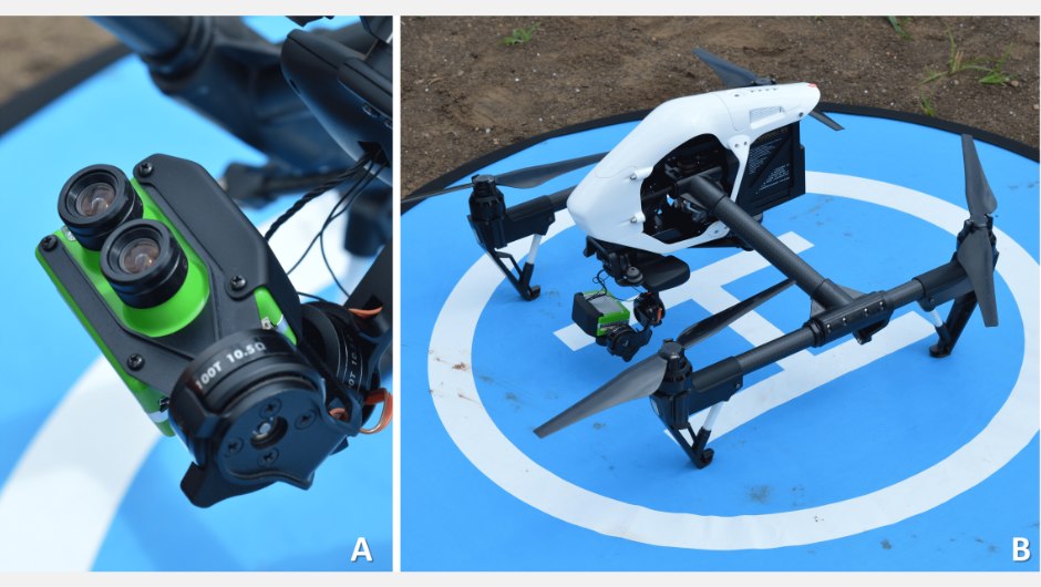 Figura 5: a) Sensor multiespectral duplo com resolução 4K para captar imagens em RGB, NIR e RedEgde; b) Sensor embarcado em drone quadricoptero