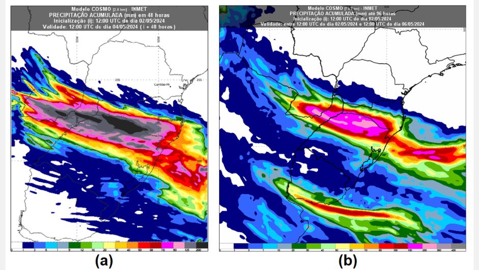 Figura 1: precipitação (chuva), em milímetros (mm), acumulada em (a) 48h até as 9h de sábado (4) pelo modelo Cosmo 2,8 km e (b) 96h até 9h de 6 de maio pelo modelo Cosmo 7 km