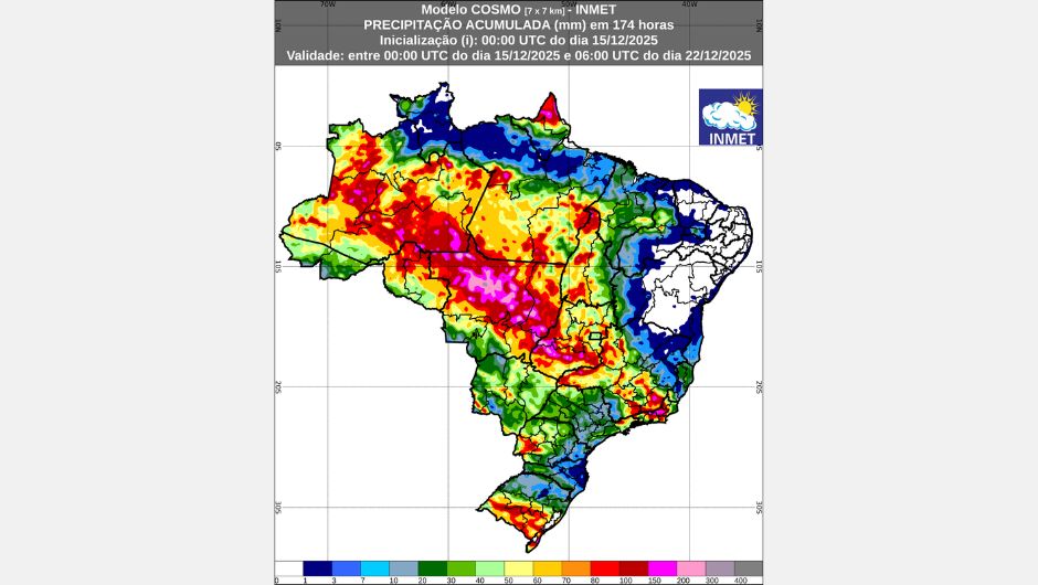 Figura 1: previsão de chuva acumulada (15 a 22 de dezembro de 2025); fonte: Inmet