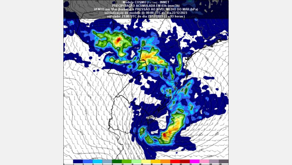 Figura 1: pressão atmosférica e acumulado de chuva às 21h (horário de Brasília) de segunda-feira (25)