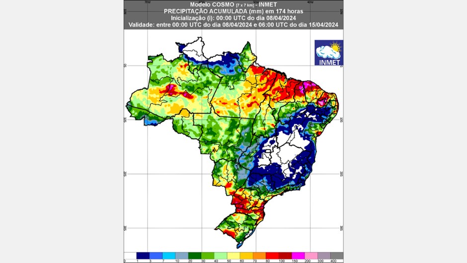 Figura 1: previsão de chuva para 1ª semana (8 e 15/04/2024); fonte: Inmet