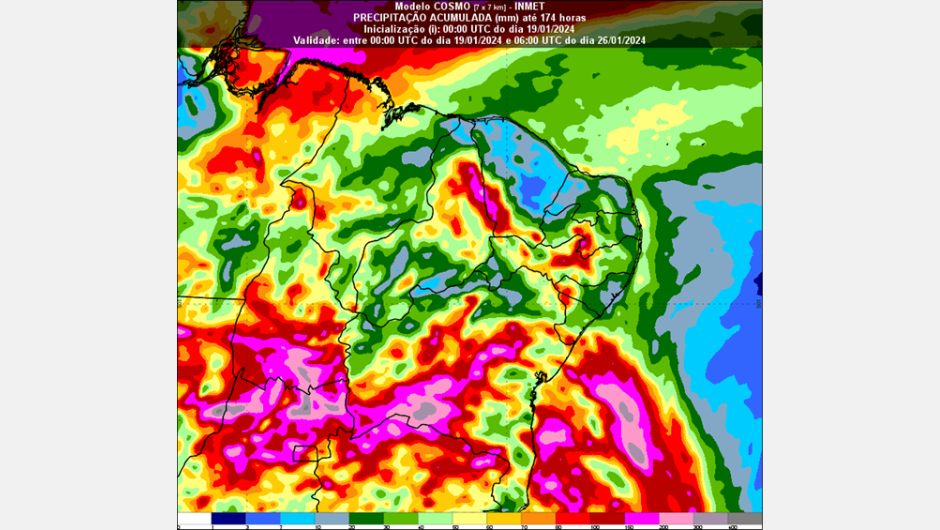 Figura 1: acumulado de chuva entre os dias 19/01/2024 a 26/01/2024 às 06:00 UTC (3 horas – hora de Brasília) pelo modelo Cosmo 7 km