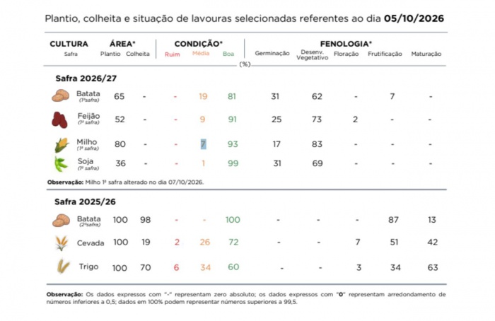 PR Safra 2026/27: chuvas atrasam soja e milho; e pressionam trigo