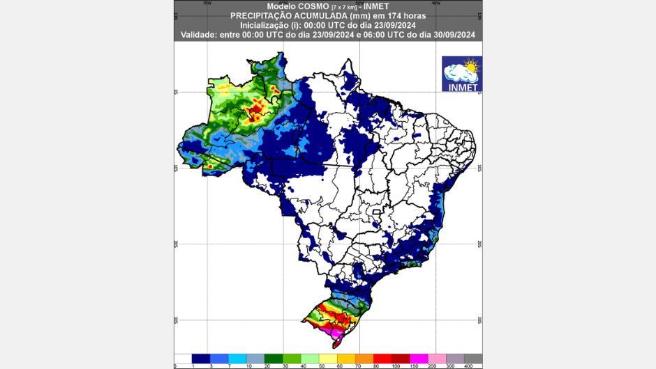 Figura 1: previsão de chuva para essa semana (23 a 30/09/2024); fonte: Inmet