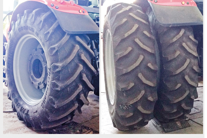Detalhe dos dois tipos de pneus e rodados avaliados