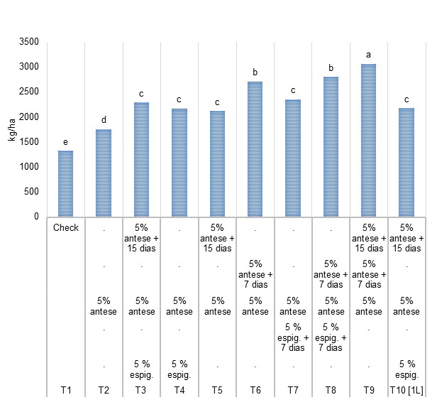 Gráfico 2 - Resultados da produtividade obtida no experimento, em função dos tratamentos, Entre-Ijuís, 2019