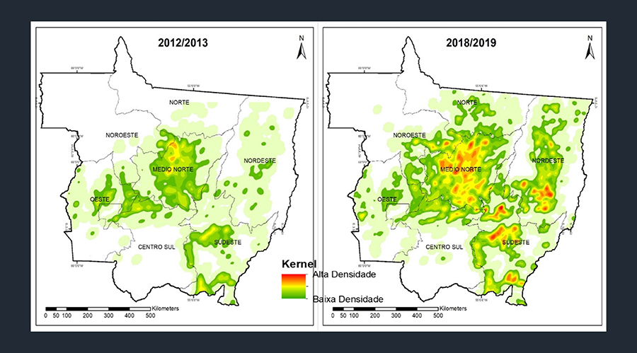 Figura 1: Mapas de densidade Kernel mostrando a intensificação dos sistemas de produção na cadeia da soja em Mato Grosso, entre os anos-safra 2012/2013 e 2018/2019 