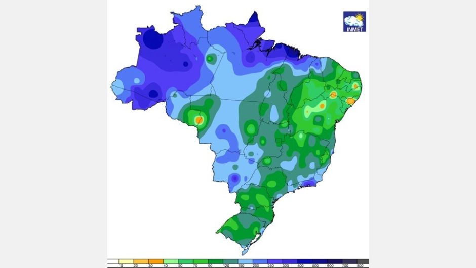 Figura 1 - mapa do acumulado de precipitação (mm) nos últimos 30 dias de abril (áreas mais chuvosas em azul escuro e a variação das cores indica redução do volume de chuva que passa para azul claro, verde escuro e claro até os tons laranja e amarelo)