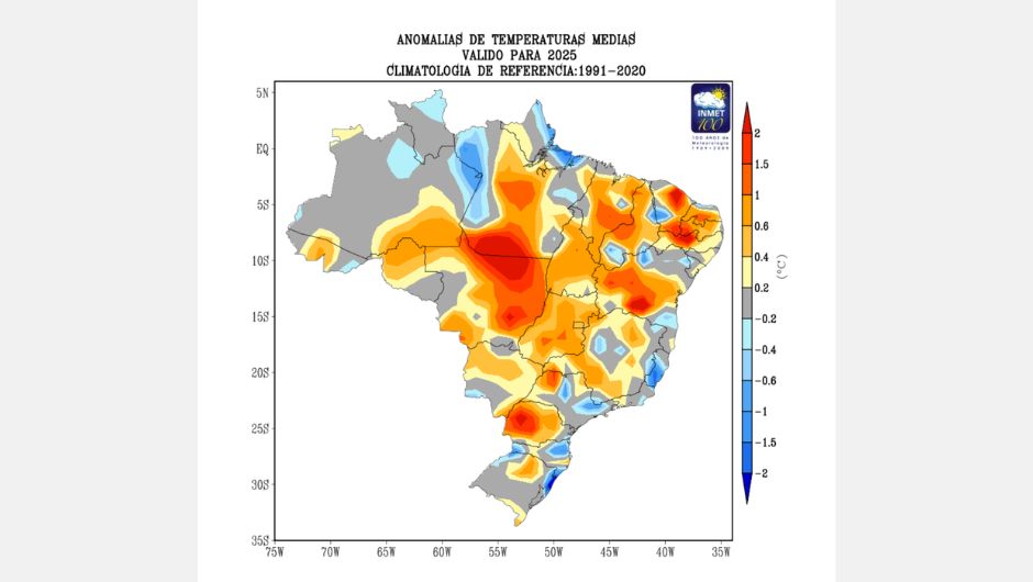 Figura 1: desvio anual de temperatura média (°C) durante o ano de 2025 no Brasil; fonte: Inmet