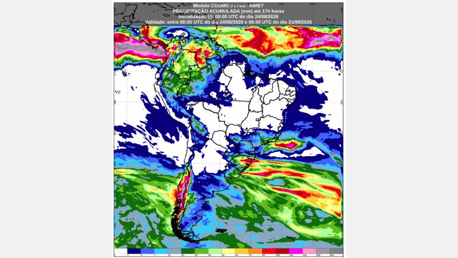 Previsão de chuva acumulada (24 a 31 de agosto de 2026); fonte: Inmet