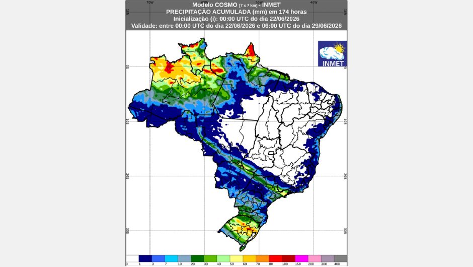 Previsão de chuva acumulada (22 a 29 de junho de 2026) do modelo Cosmo; fonte: Inmet
