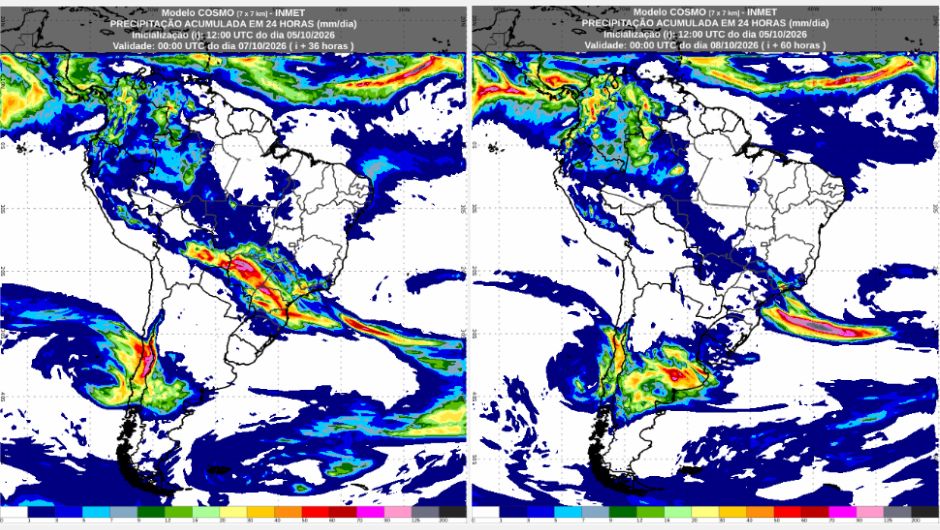 Previsão de acumulados de chuva de segunda-feira (5/10) até o fim de quarta-feira (8/10), conforme o modelo numérico de previsão de tempo Cosmo; fonte: Inmet