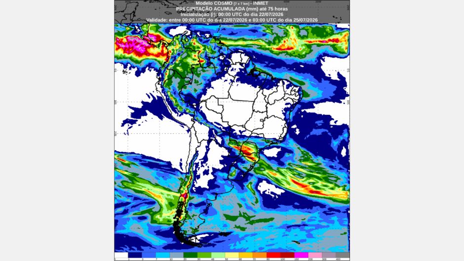 Previsão da precipitação acumulada (mm) entre 21h de 22 de julho de 2026 e 00h (horário de Brasília) de 25 de julho de 2026, obtida a partir do modelo de previsão numérica do tempo Cosmo; fonte: Inmet