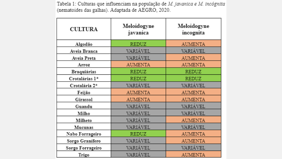 Culturas que influenciam na população de M. javanica e M. incógnita (nematoides das galhas); Adaptada de Aegro, 2020