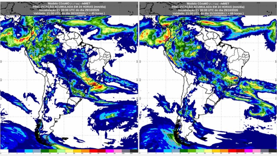Previsão de acumulados de chuva para sexta-feira (30/10) e sábado (31/10), conforme o modelo numérico de previsão do tempo Cosmo; fonte: Inmet