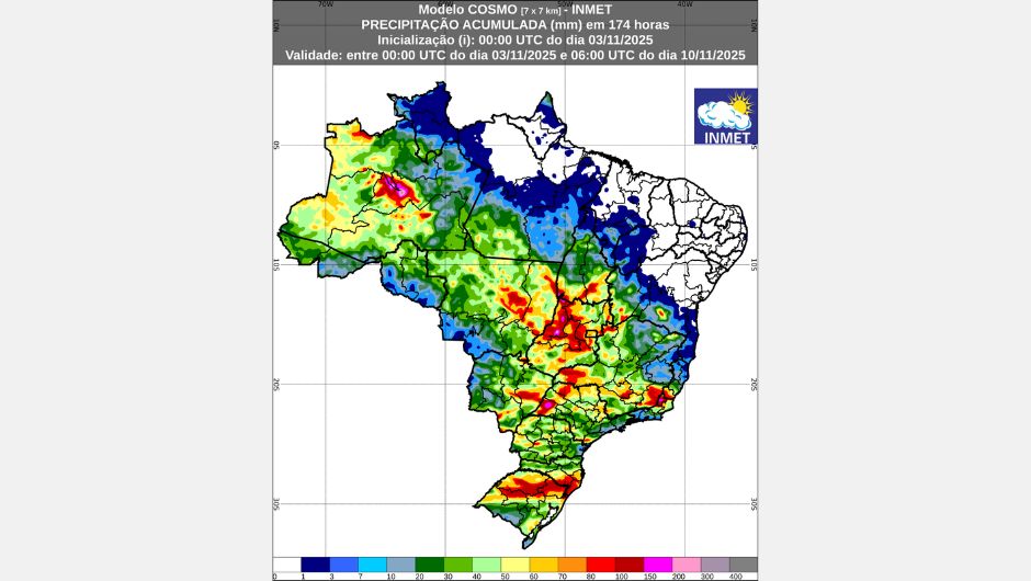 Figura 1: previsão de chuva acumulada (3 a 10 de novembro de 2025); fonte: Inmet