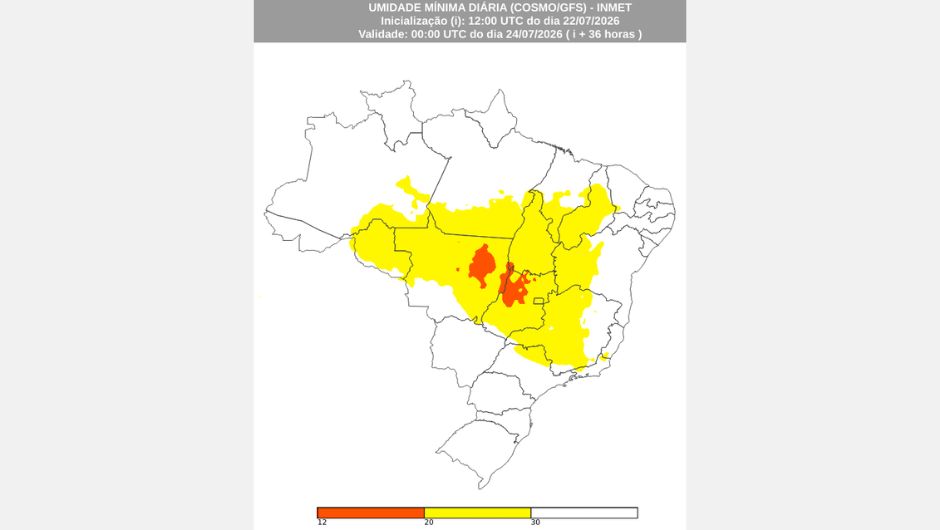 Previsão dos valores mínimos de umidade relativa do ar, válida para a tarde de quinta-feira, 23 de julho de 2026,&nbsp;obtida a partir dos modelos numéricos Cosmo e GFS; fonte: Inmet